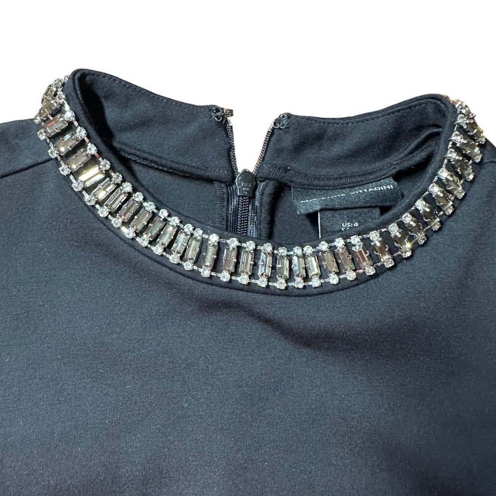 Adrienne Vittadini Shift Dress Size 4 Black Rhinestone Neck knee Length Sleevele - Picture 10 of 14